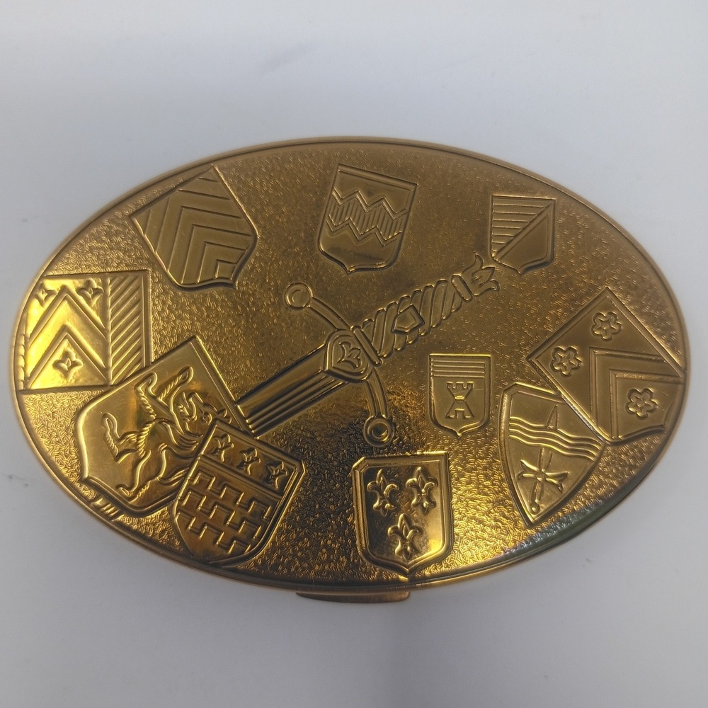 Vintage American Beauty Oval Gold Toned Medieval Sword Makeup Powder Compact